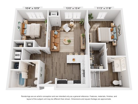 Floor plan for 2 beds, 2 baths, 899 sqft